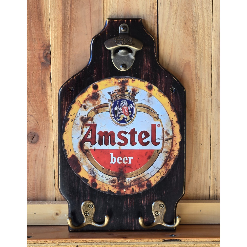 Amstel Beer Wall Mount Plaque, Vintage Look, Solid Wood w/ Bottle Opener & Hooks